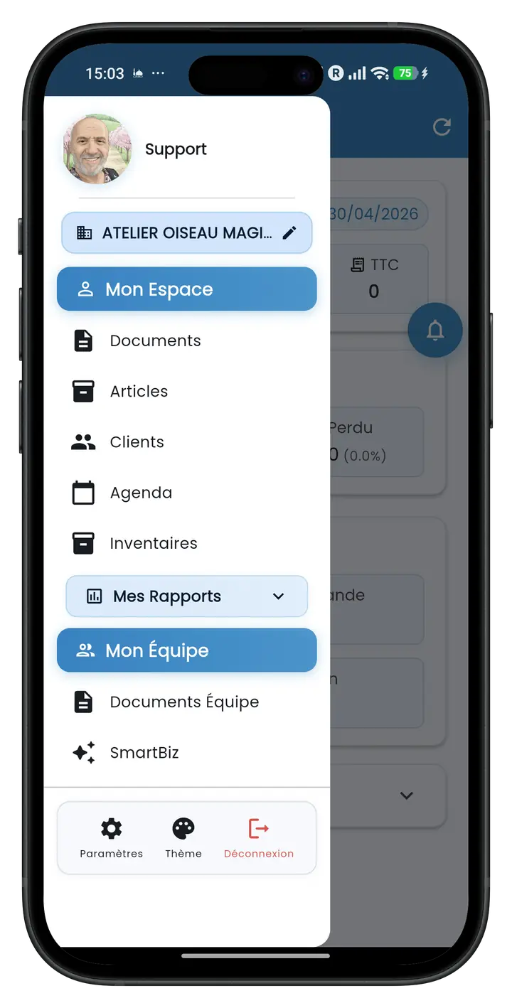 Menu de l'application ApiMobiz sur smartphone